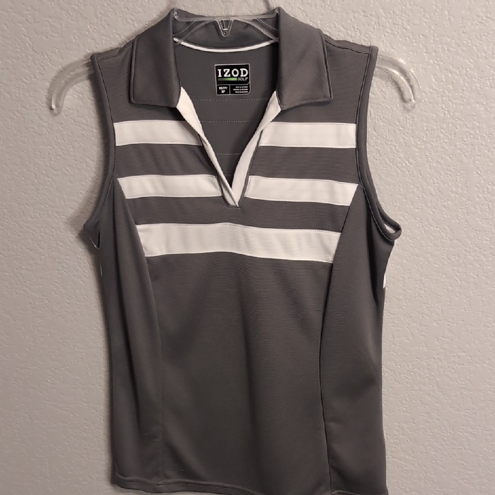 Izod Gray Sleeveless Golf Polo with White Chest Stripes